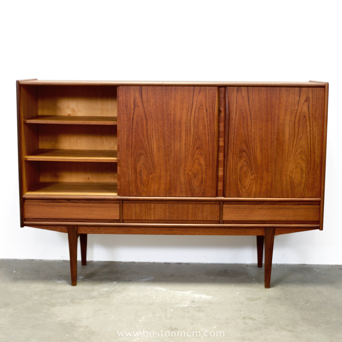 Danish Teak Tall Sideboard  / Highboard with Inlaid Veneer Design - #A1639