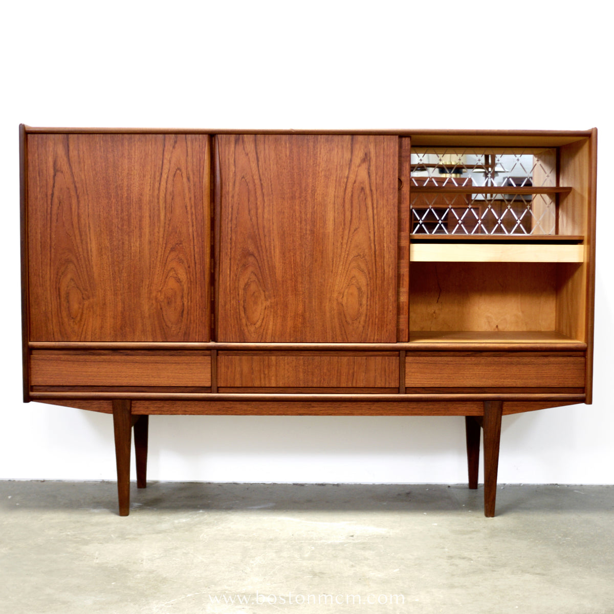 Danish Teak Tall Sideboard  / Highboard with Inlaid Veneer Design - #A1639