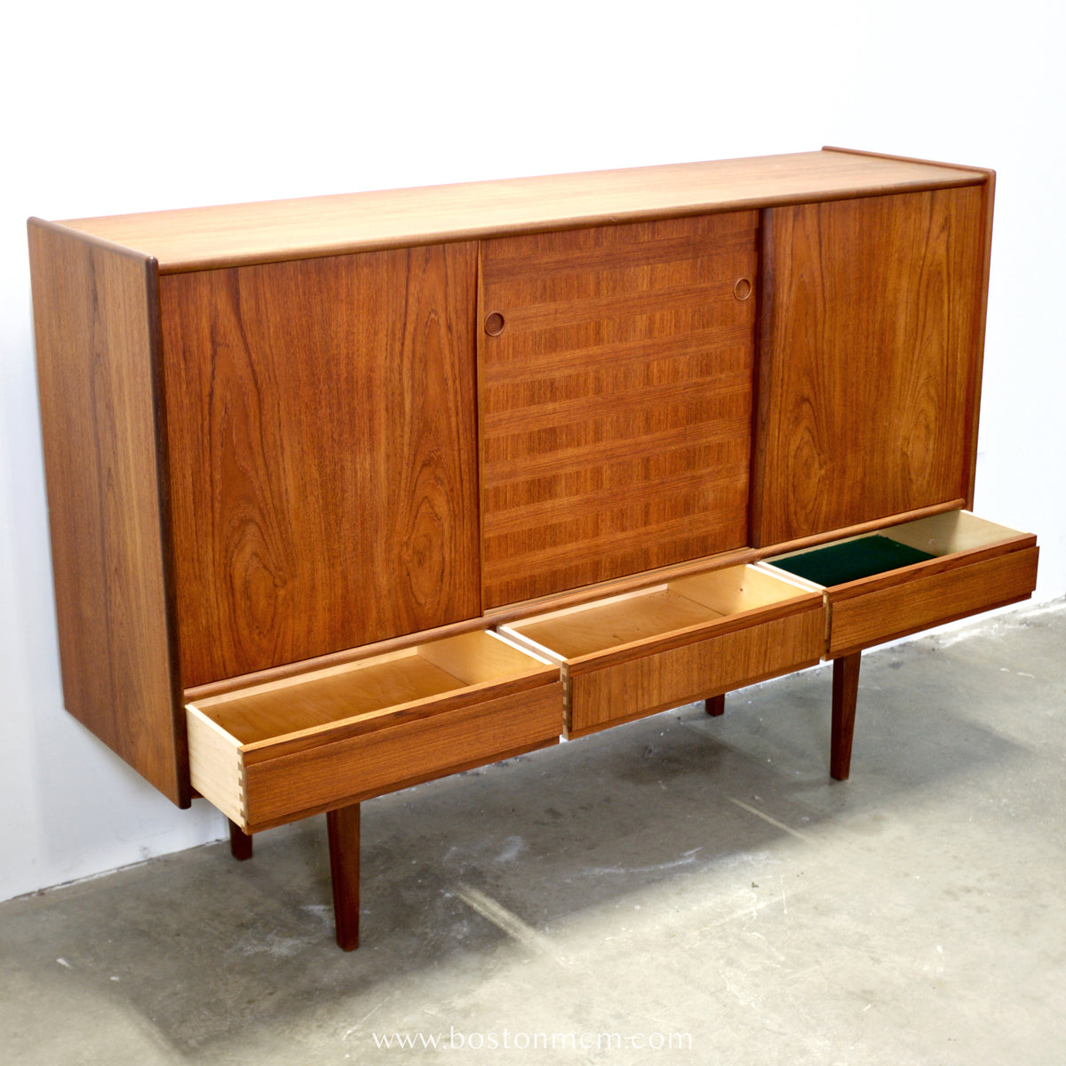 Danish Teak Tall Sideboard  / Highboard with Inlaid Veneer Design - #A1639