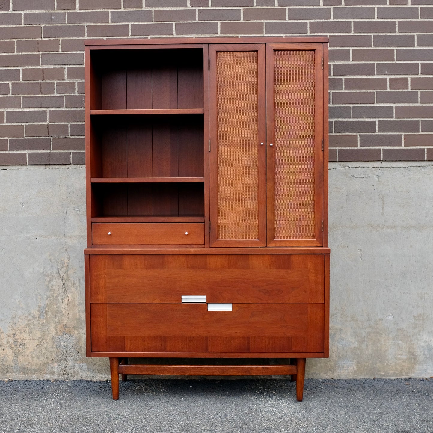 American of Martinsville "Accord" Walnut & Cane Hutch / China Cabinet