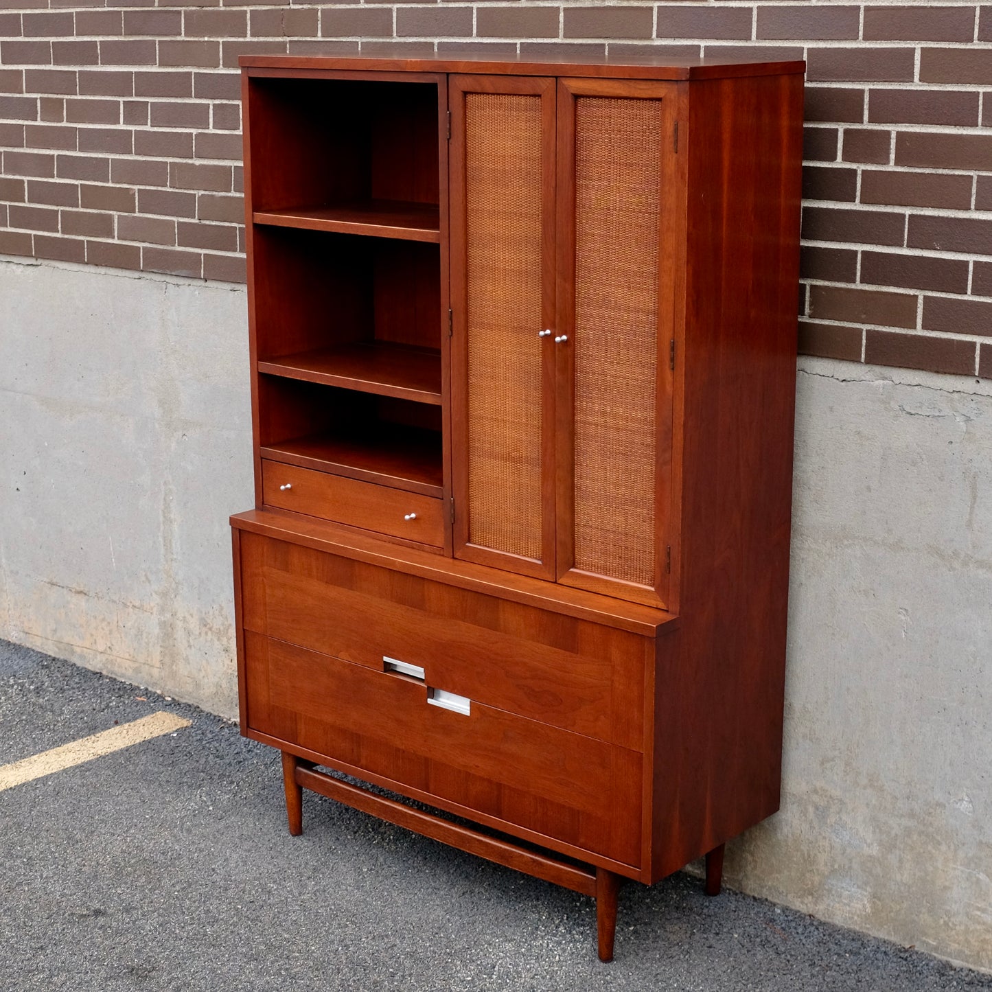 American of Martinsville "Accord" Walnut & Cane Hutch / China Cabinet