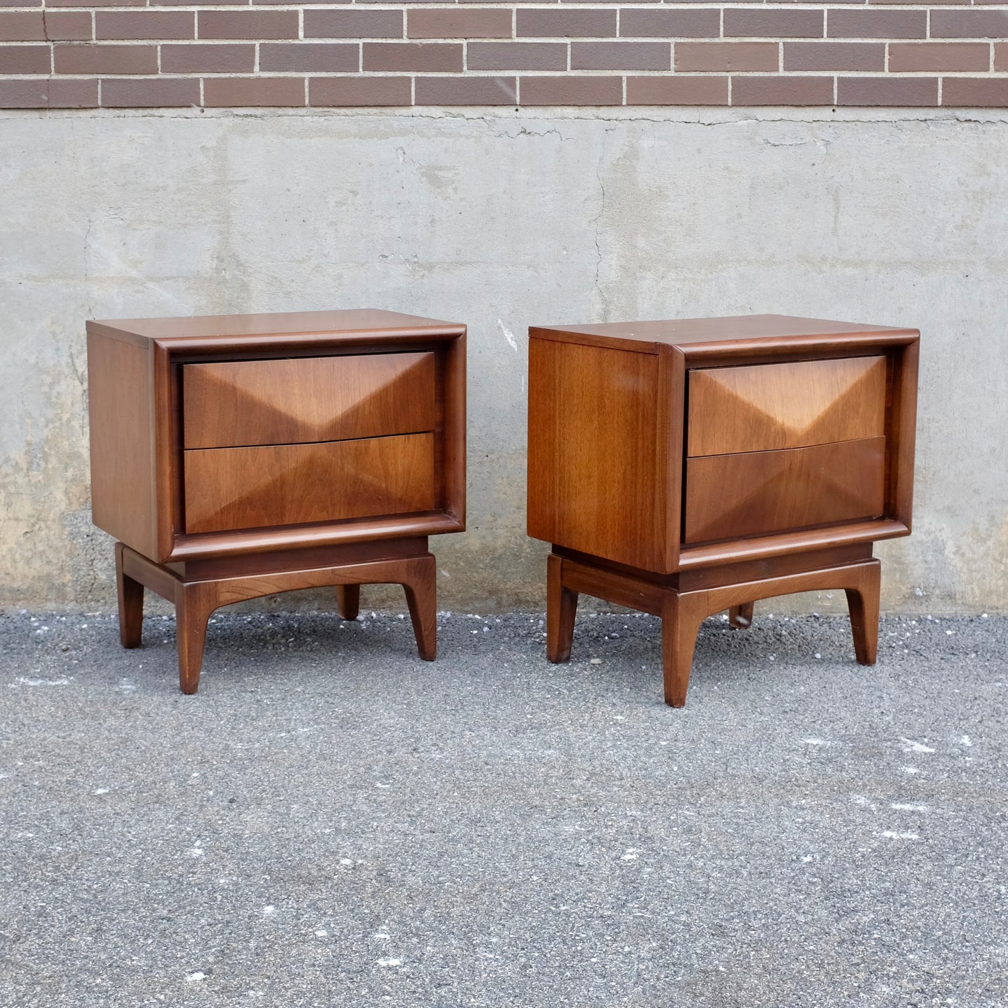United Furniture Diamond Front Walnut Nightstands - a Pair