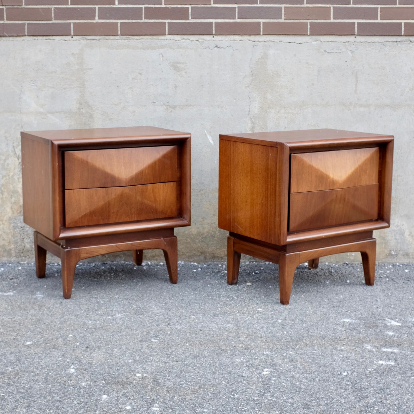 United Furniture Diamond Front Walnut Nightstands - a Pair