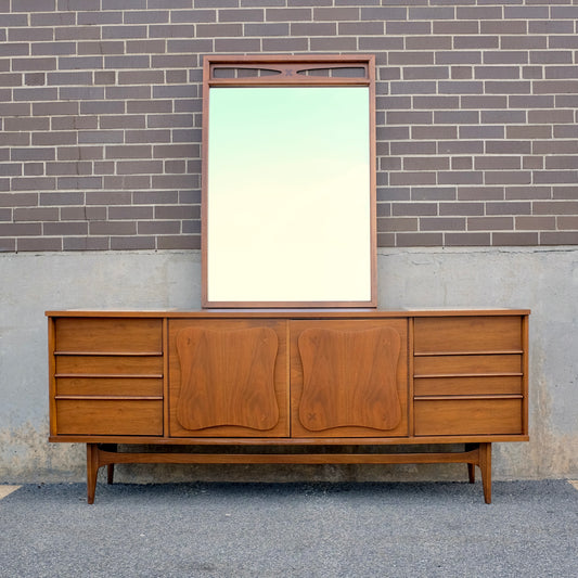 Bassett Furniture "Monterey" Walnut & Rosewood Low Dresser & Mirror