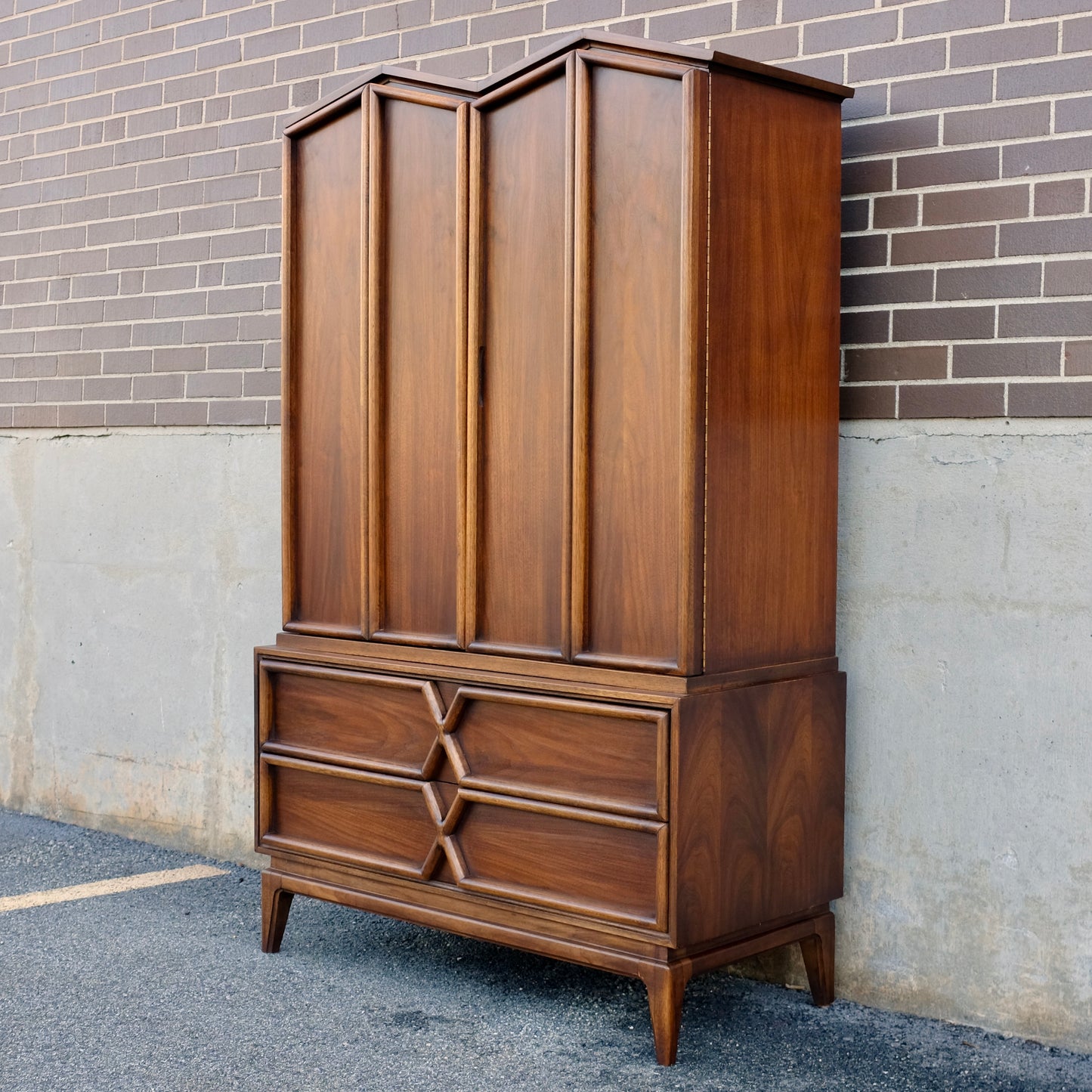American of Martinsville Walnut X-Design Tall Dresser / Chest Designed by Merton Gershun
