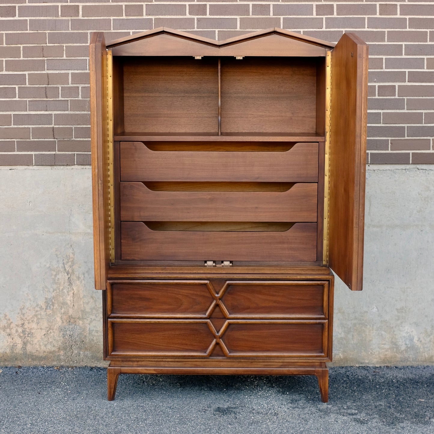 American of Martinsville Walnut X-Design Tall Dresser / Chest Designed by Merton Gershun