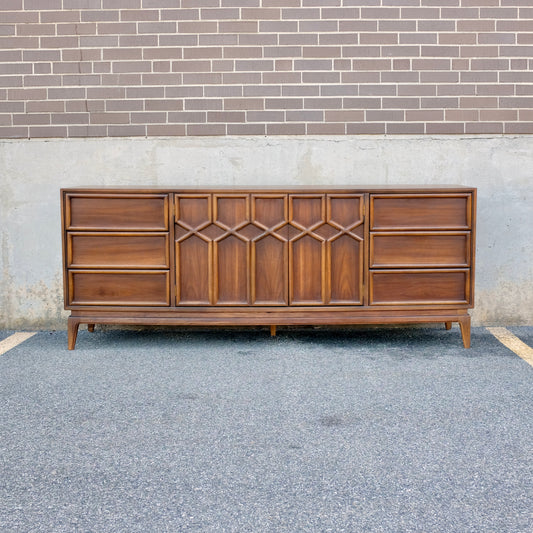 American of Martinsville Walnut X-Design Dresser & Mirrors Designed by Merton Gershun