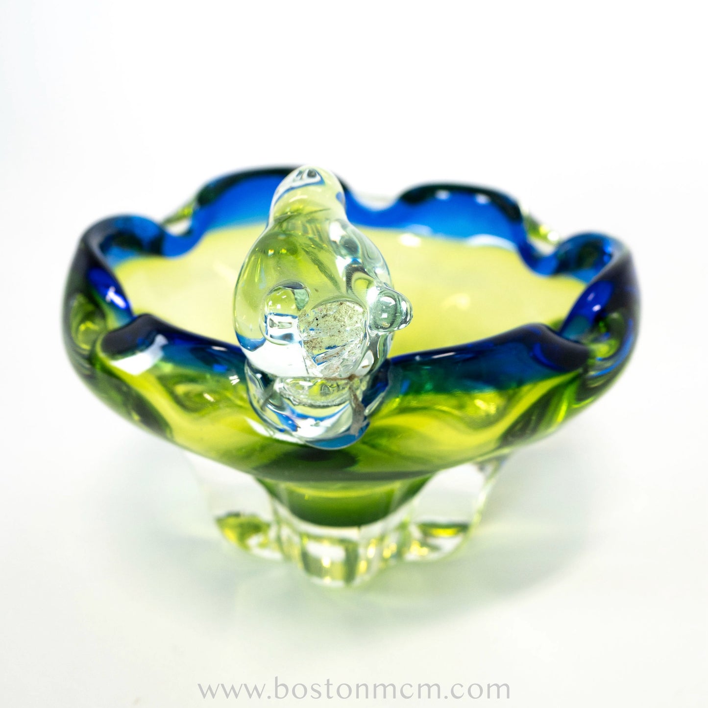 European Art Glass Green-Blue Bowl with Ornamental Glass Bird