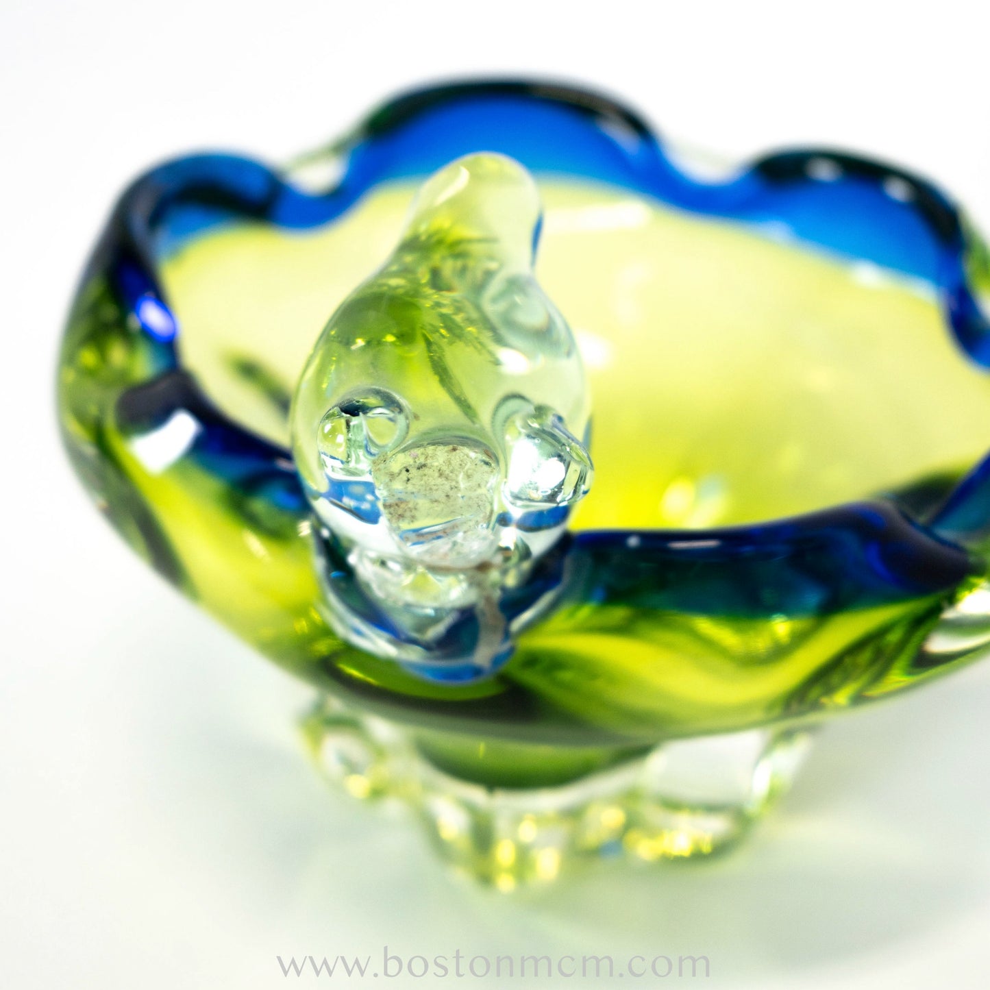 European Art Glass Green-Blue Bowl with Ornamental Glass Bird