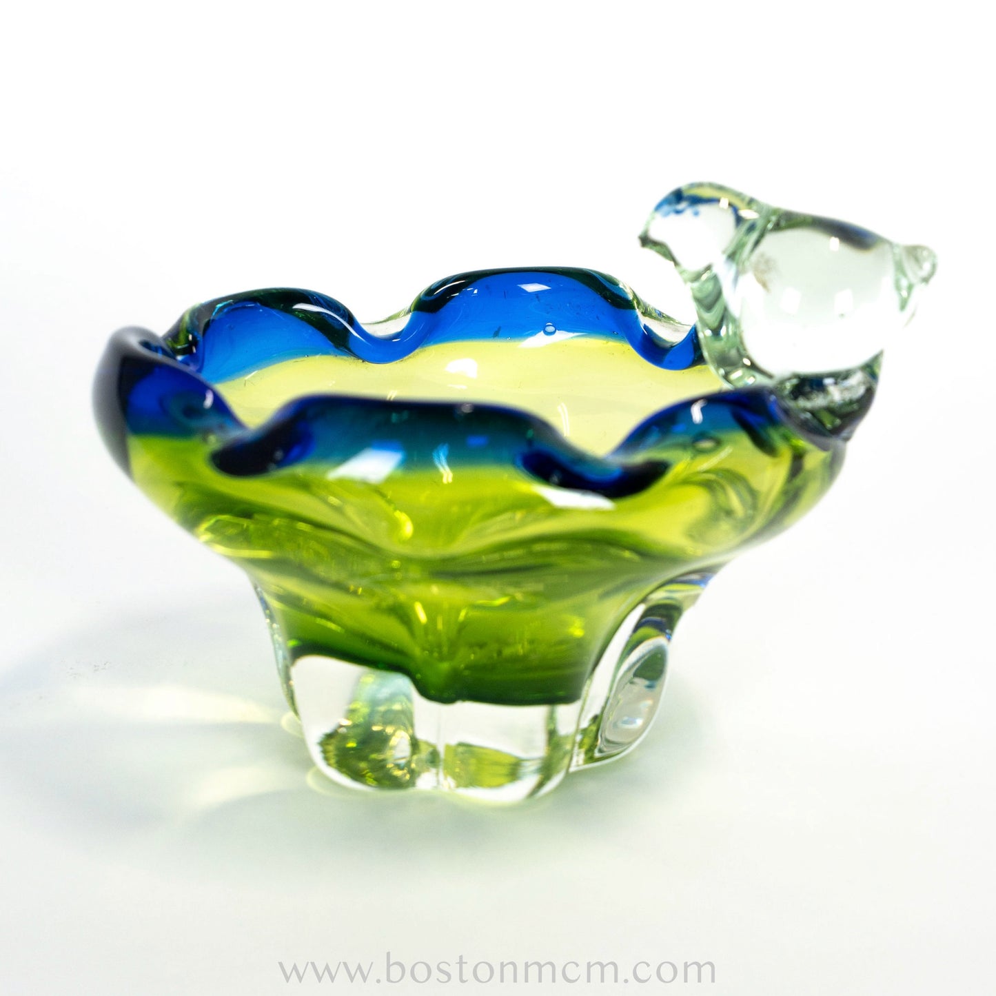 European Art Glass Green-Blue Bowl with Ornamental Glass Bird