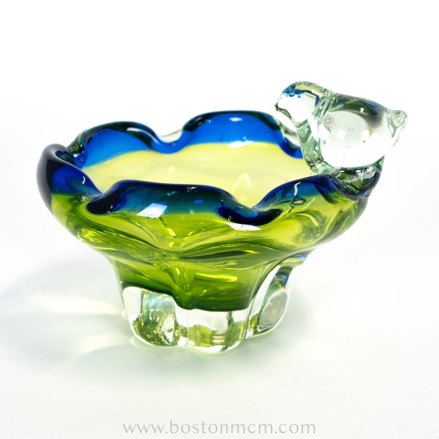 European Art Glass Green-Blue Bowl with Ornamental Glass Bird