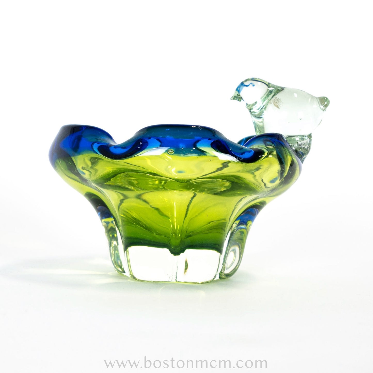 European Art Glass Green-Blue Bowl with Ornamental Glass Bird