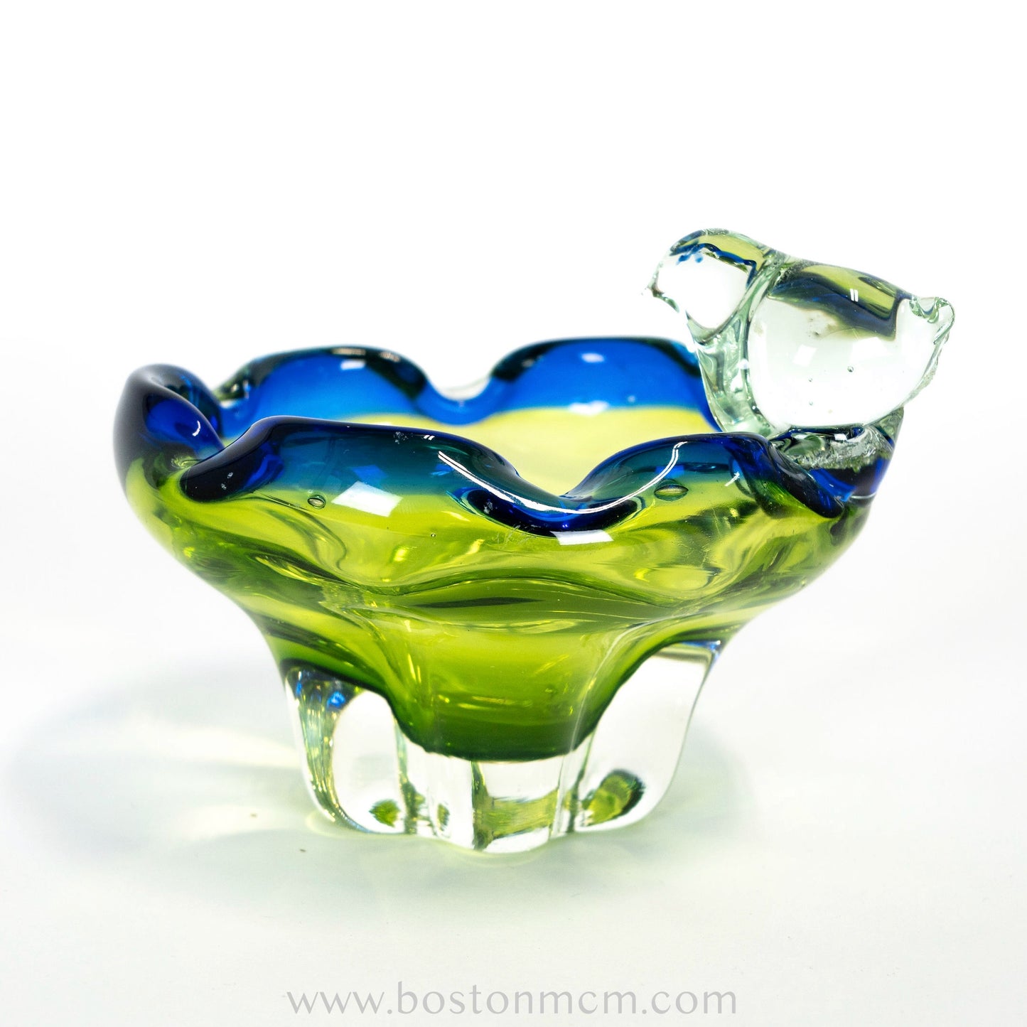 European Art Glass Green-Blue Bowl with Ornamental Glass Bird