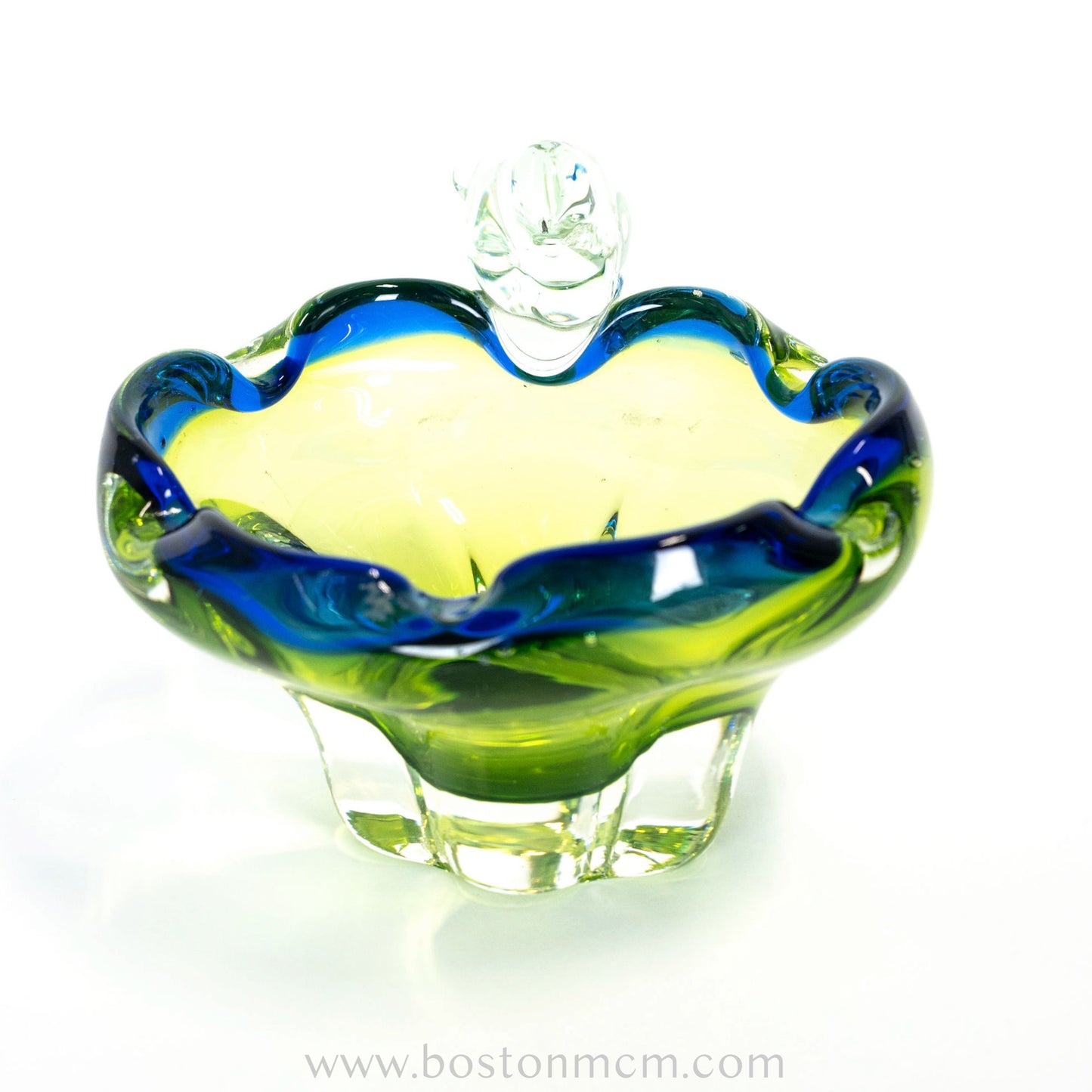 European Art Glass Green-Blue Bowl with Ornamental Glass Bird