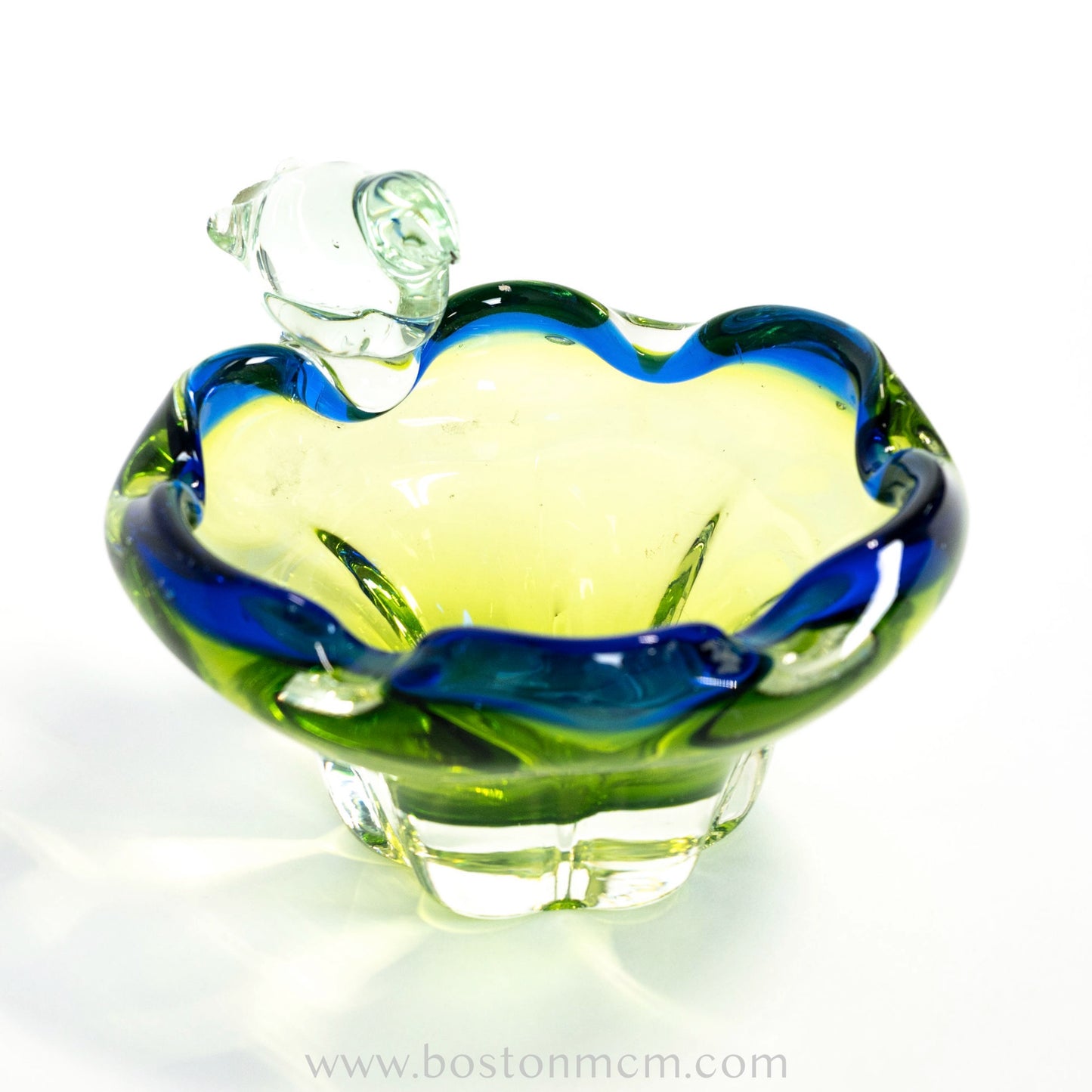 European Art Glass Green-Blue Bowl with Ornamental Glass Bird