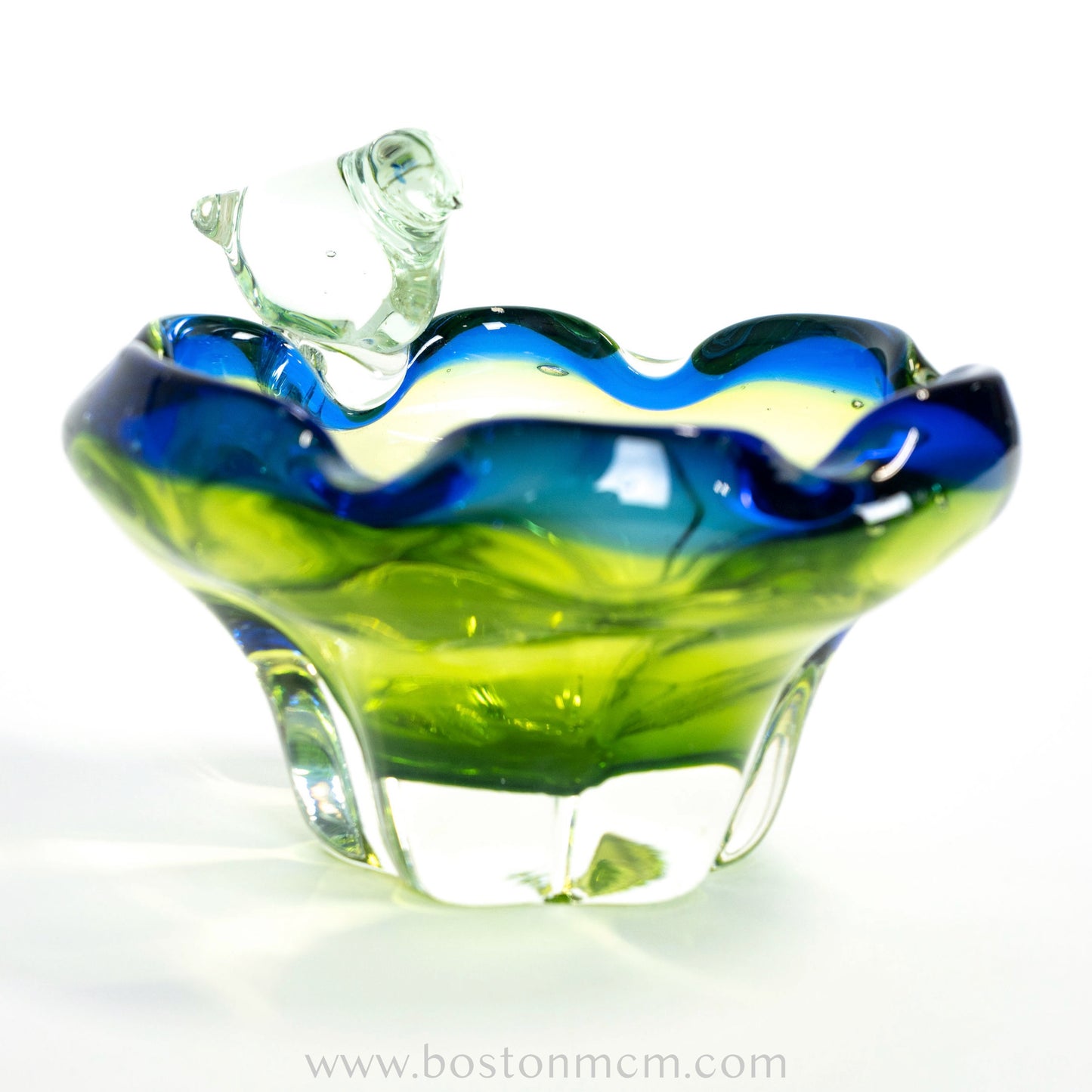 European Art Glass Green-Blue Bowl with Ornamental Glass Bird