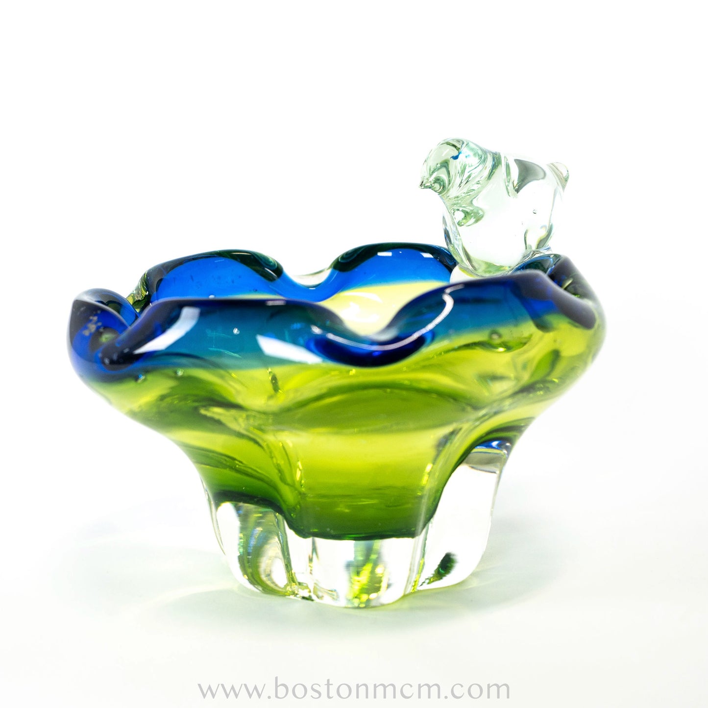 European Art Glass Green-Blue Bowl with Ornamental Glass Bird