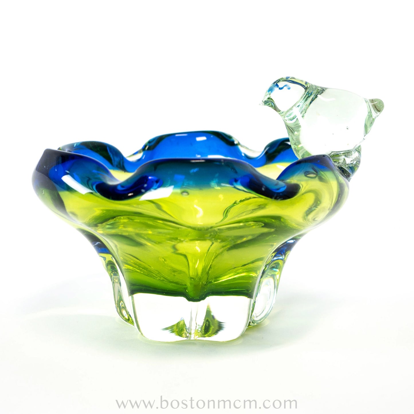 European Art Glass Green-Blue Bowl with Ornamental Glass Bird