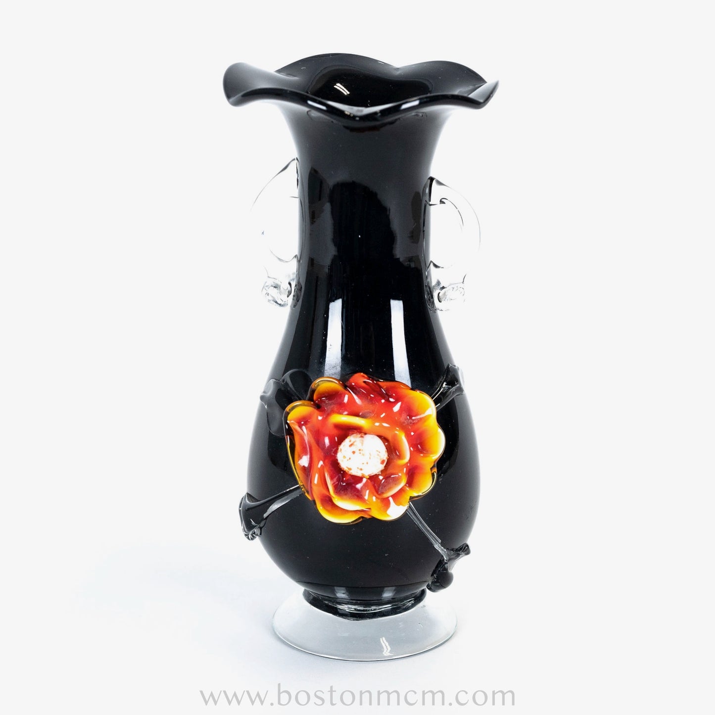 Murano Art Glass Black Vase with Flower