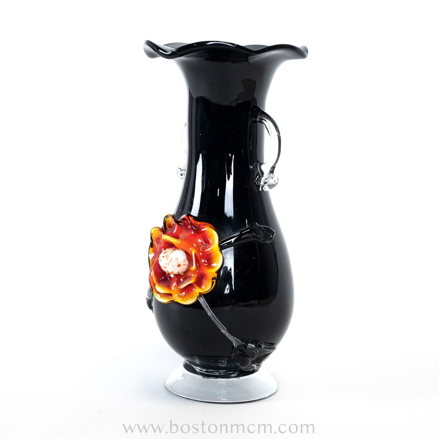 Murano Art Glass Black Vase with Flower