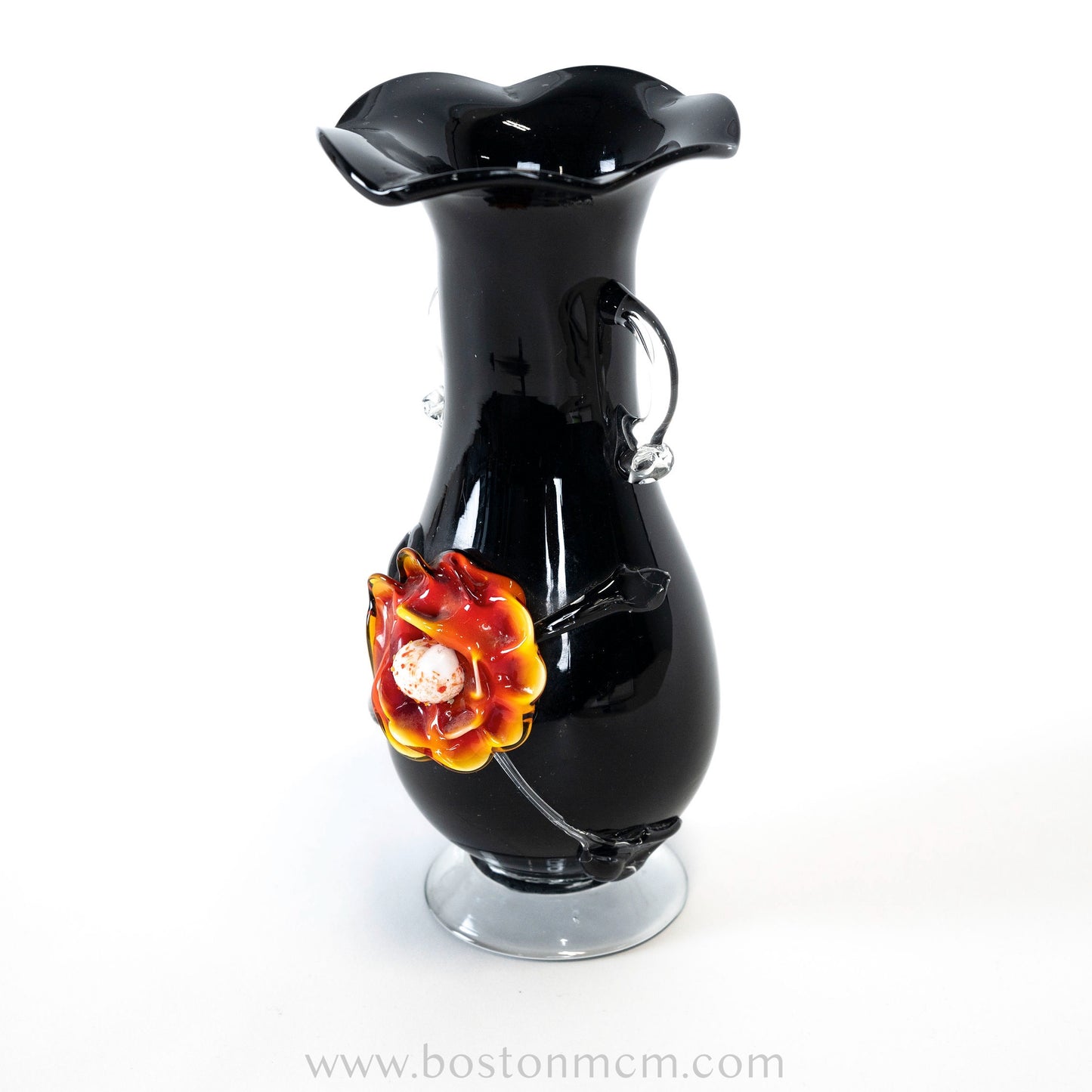 Murano Art Glass Black Vase with Flower