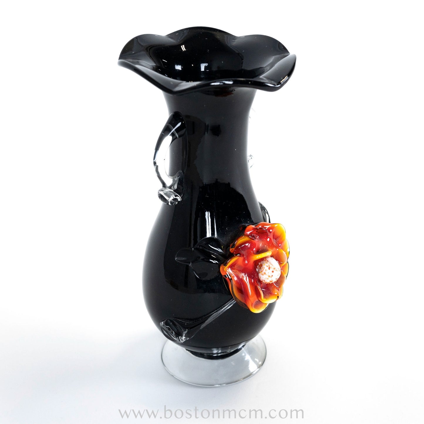 Murano Art Glass Black Vase with Flower