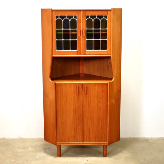 Danish Teak Corner Cabinet w/ Multicolored Stained Glass Doors - #A1868