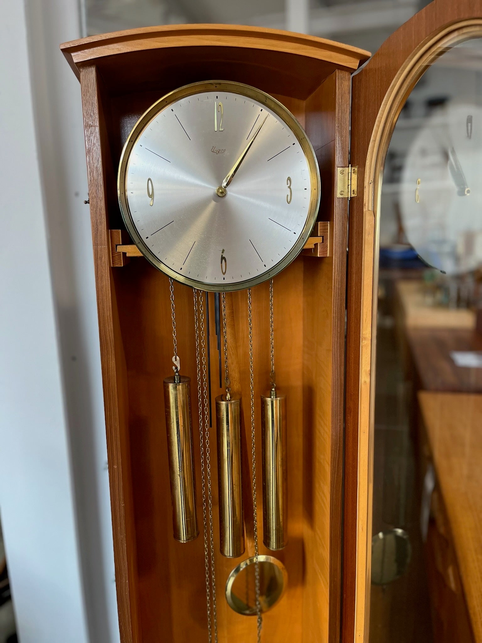 Teak Grandmother Grandfather Clock with Urgos Uhrenfabrik