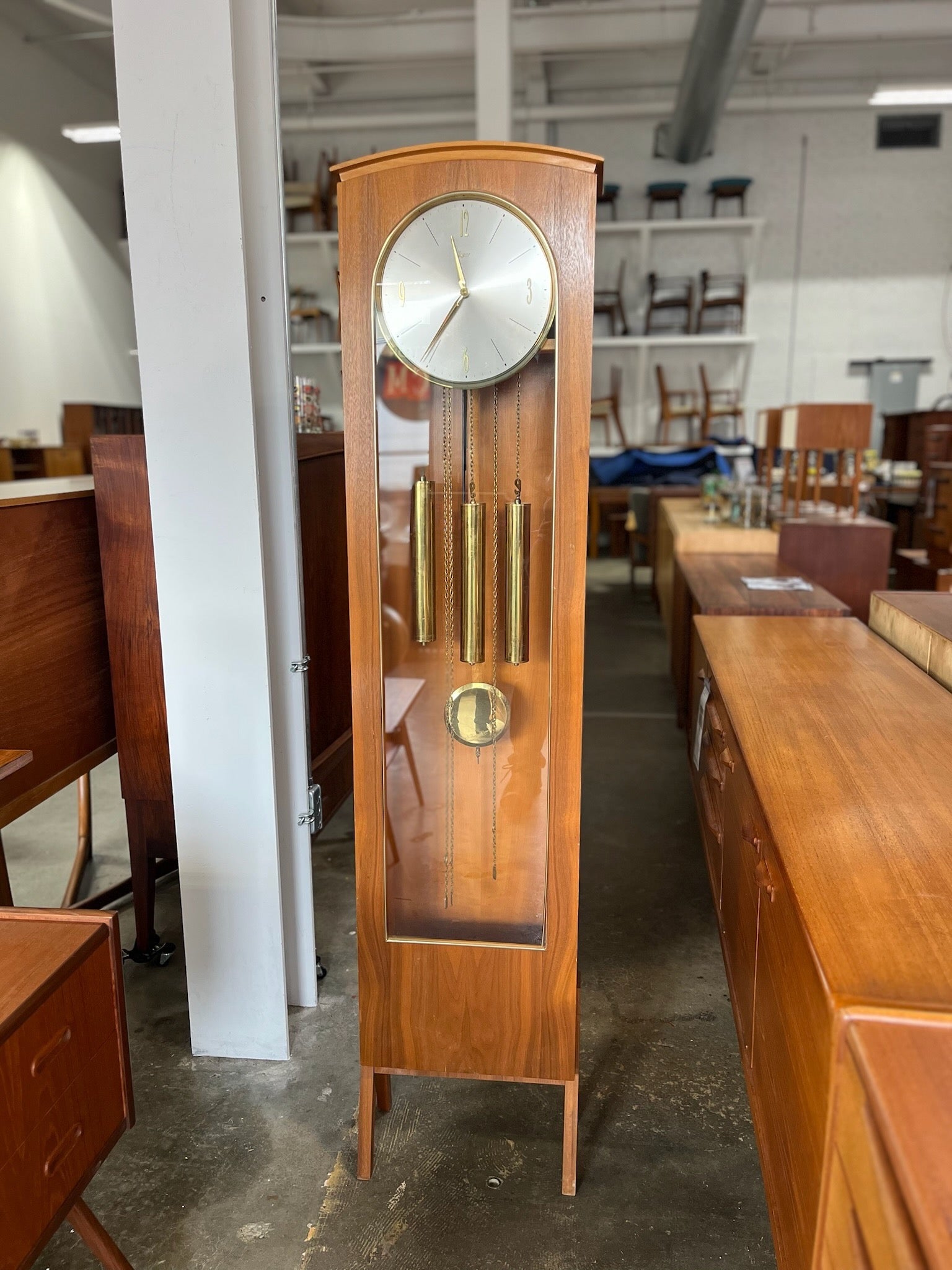 Teak Grandmother Grandfather Clock with Urgos Uhrenfabrik