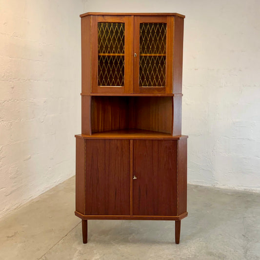 Danish Teak Corner Cabinet with Stained Glass Doors - #A1769