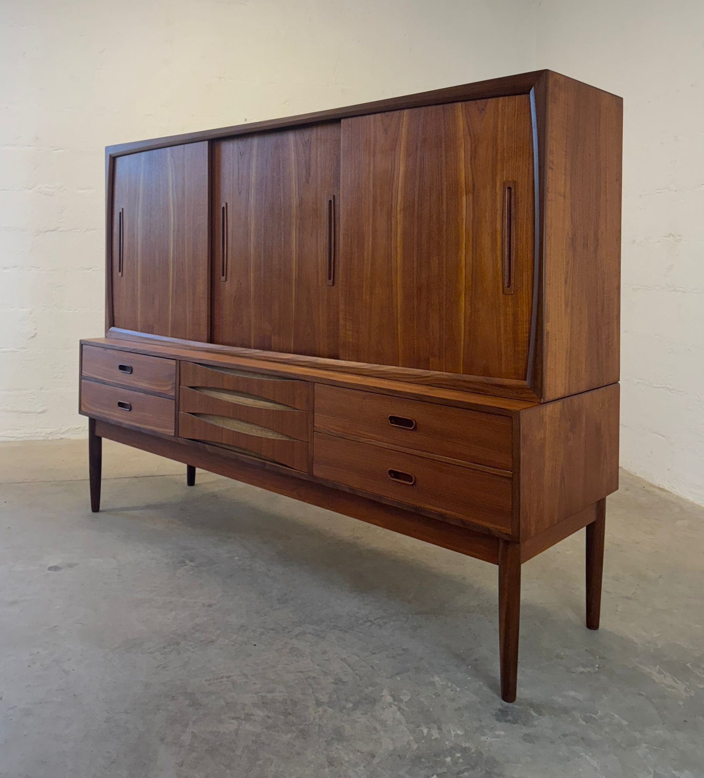 Danish Tall Sideboard / Highboard with Bow Front Drawers in the style of Arne Vodder - #A2130