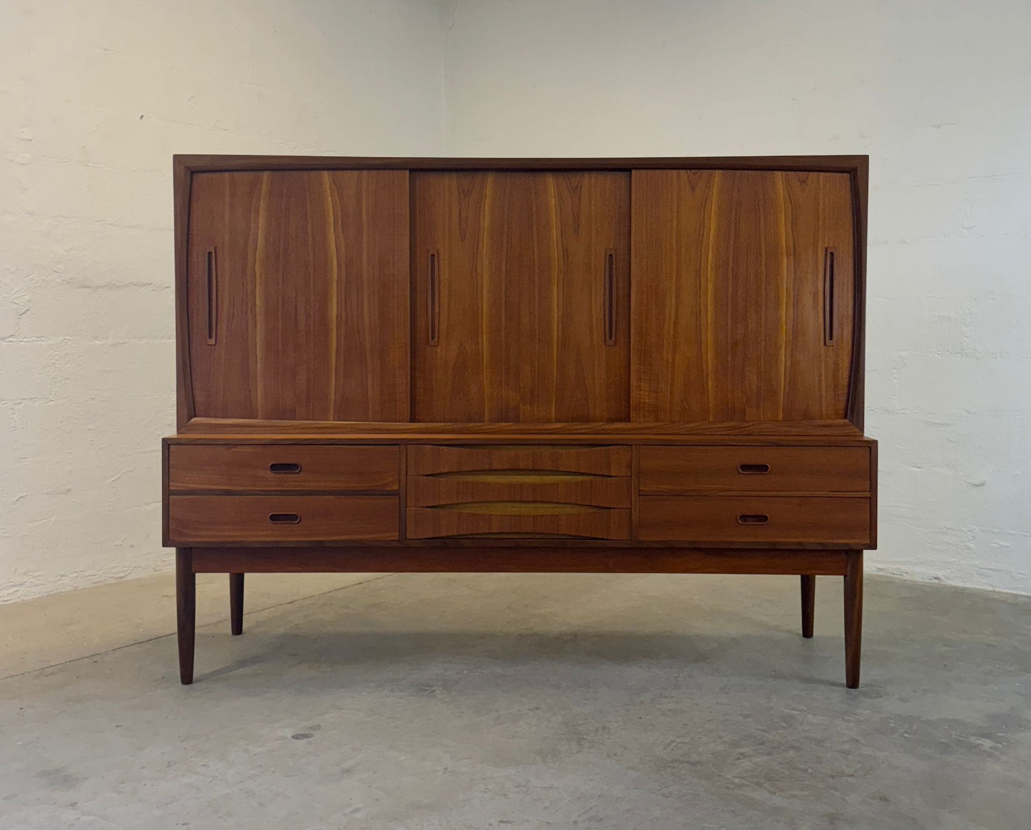 Danish Tall Sideboard / Highboard with Bow Front Drawers in the style of Arne Vodder - #A2130