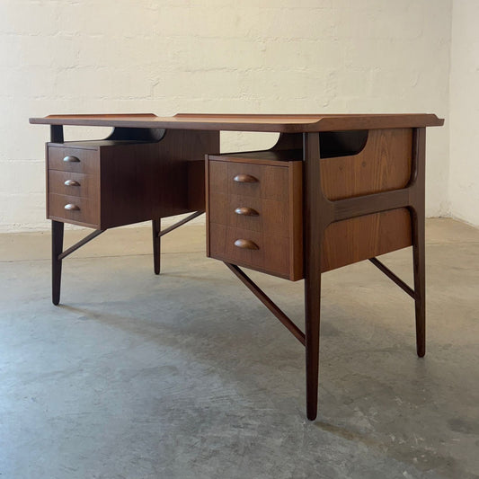 Danish Curved Teak Desk Attributed to Svend Aage Madsen w/ Rear Bar & Storage - #A2148