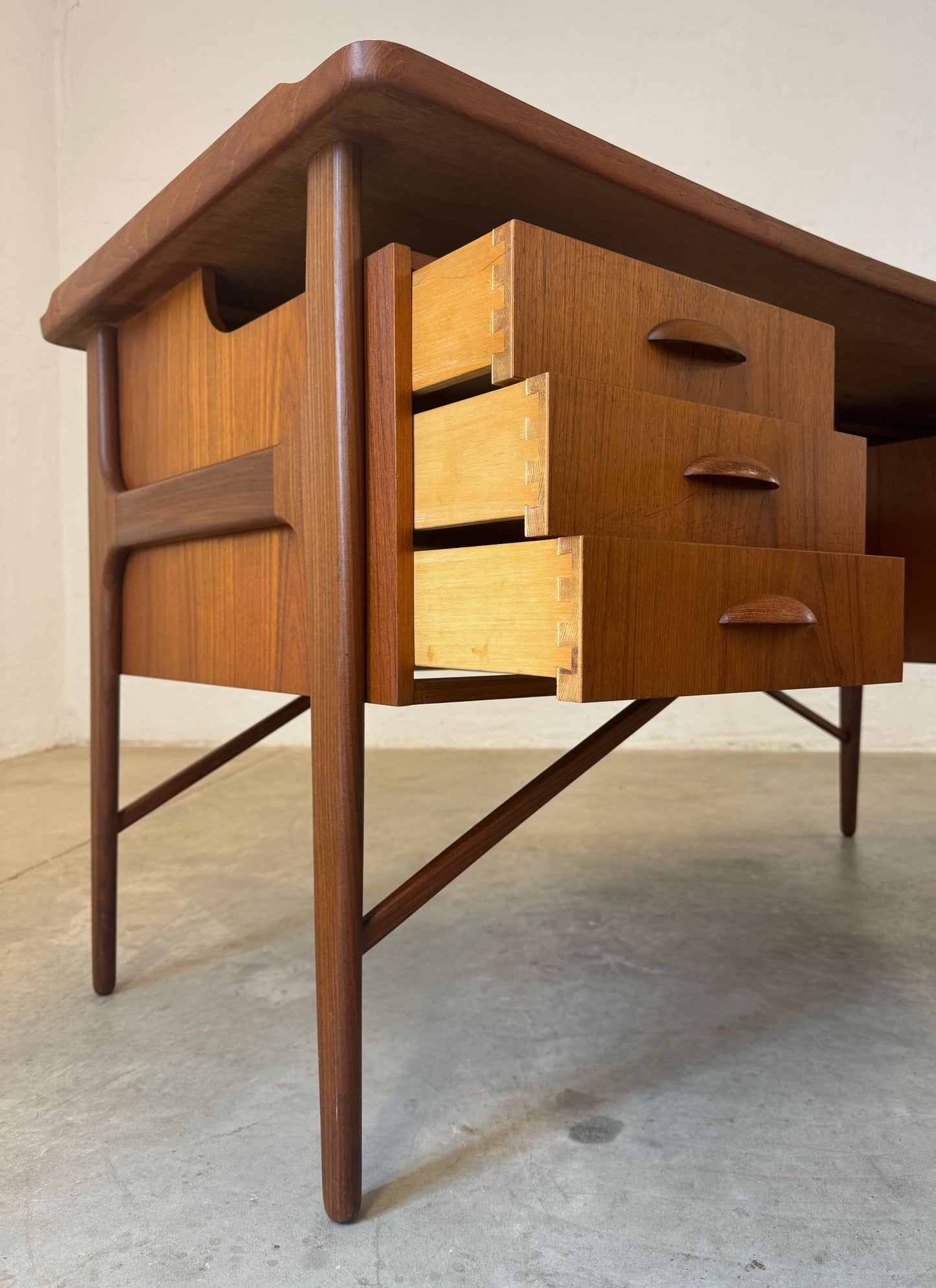 Danish Curved Teak Desk Attributed to Svend Aage Madsen w/ Rear Bar & Storage - #A2148