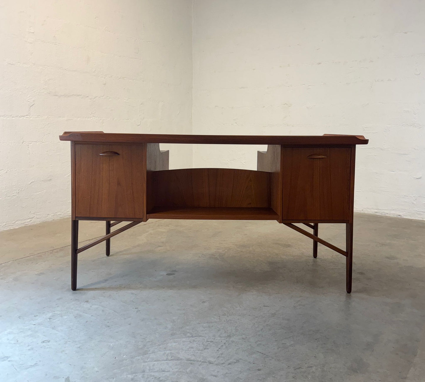 Danish Curved Teak Desk Attributed to Svend Aage Madsen w/ Rear Bar & Storage - #A2148
