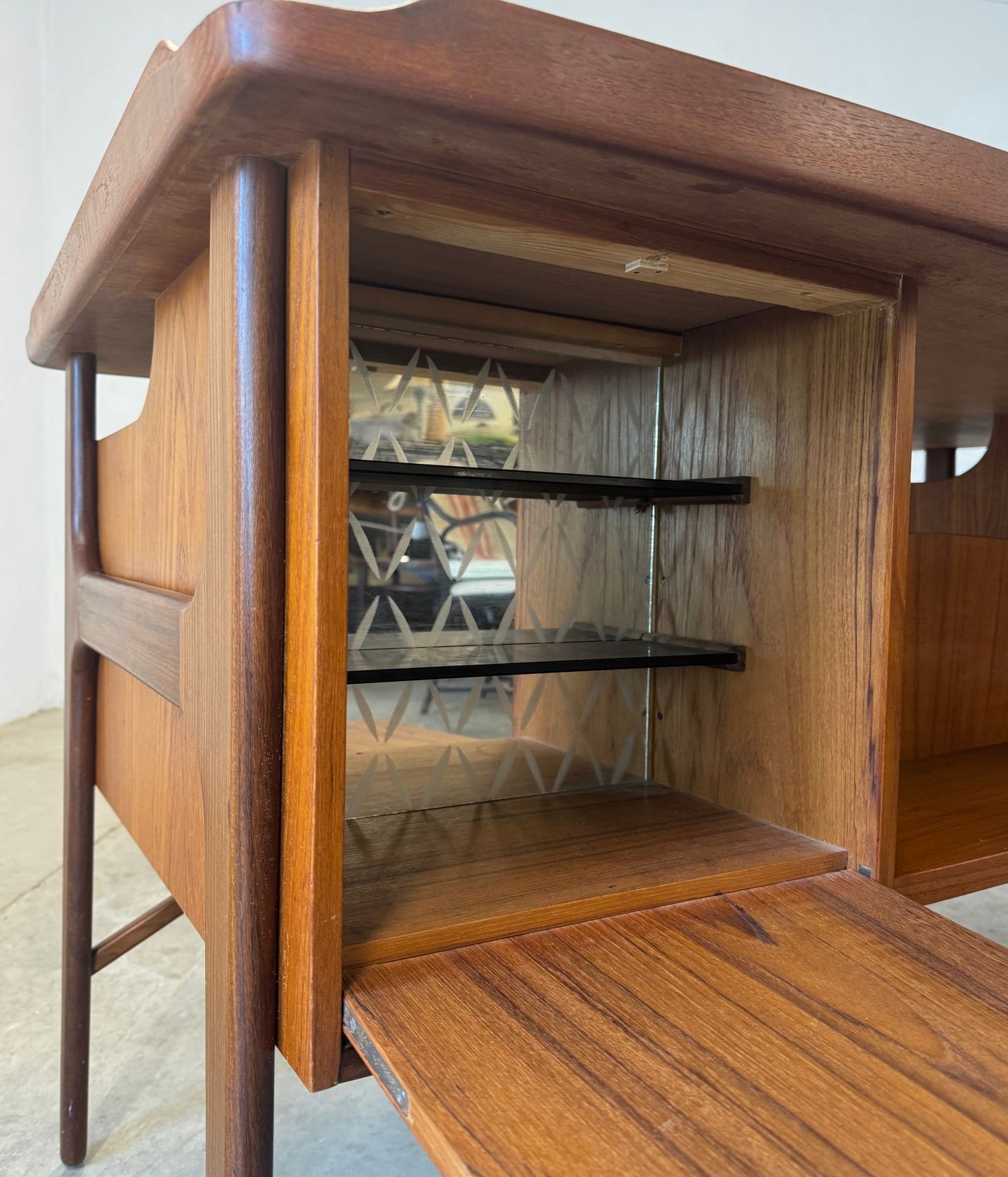 Danish Curved Teak Desk Attributed to Svend Aage Madsen w/ Rear Bar & Storage - #A2148